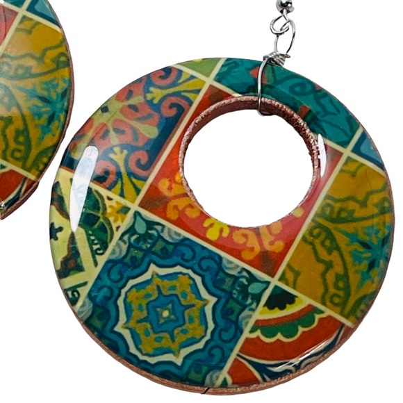 Large boho hippie textile colorful circle earrings NEW - Picture 5 of 5